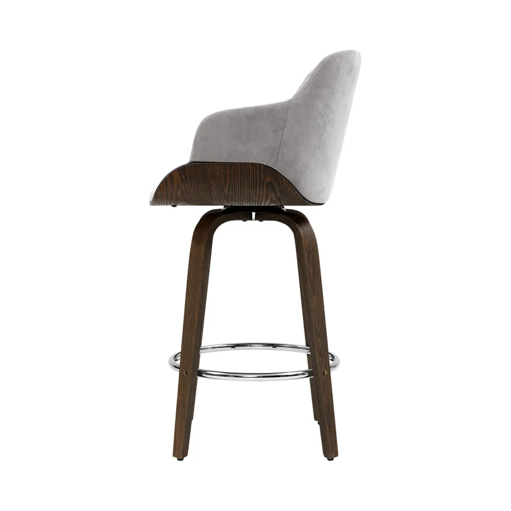 2x Kitchen Bar Stools | Wooden Swivel Chairs | Grey Velvet Fabric