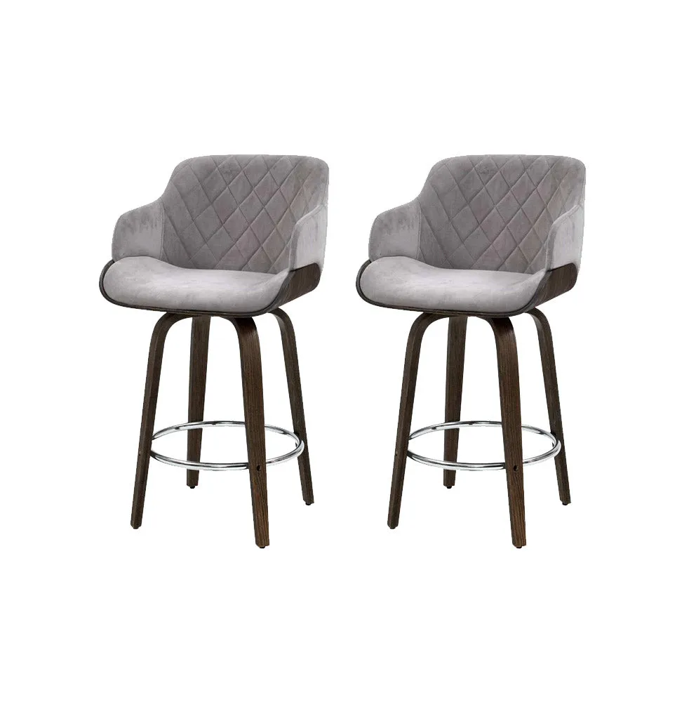 2x Kitchen Bar Stools | Wooden Swivel Chairs | Grey Velvet Fabric