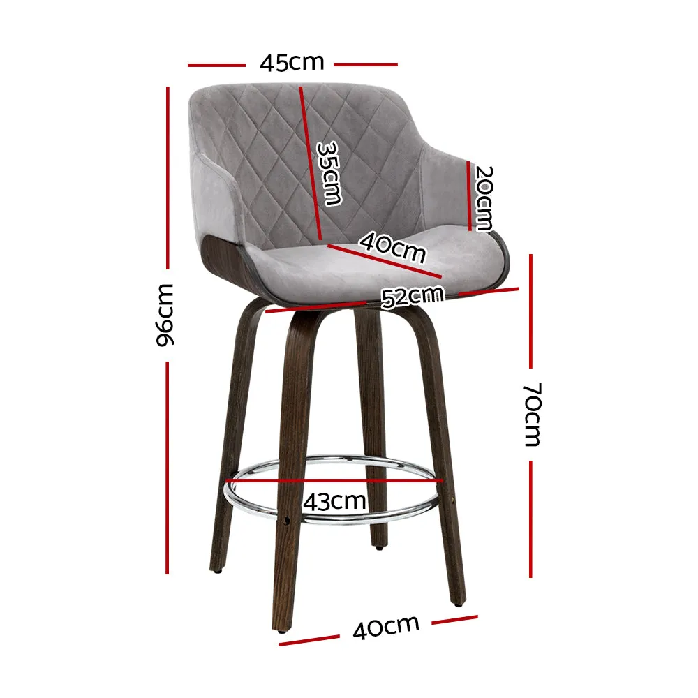 2x Kitchen Bar Stools | Wooden Swivel Chairs | Grey Velvet Fabric