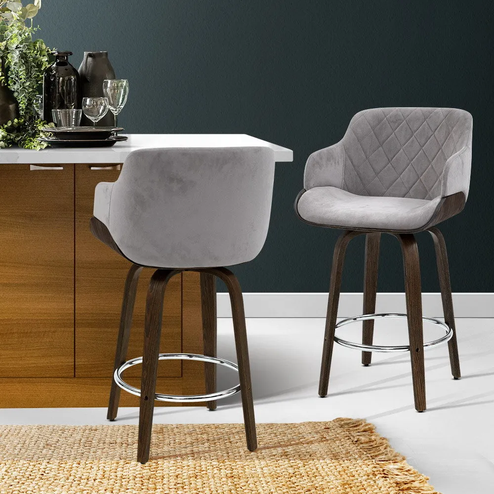 2x Kitchen Bar Stools | Wooden Swivel Chairs | Grey Velvet Fabric
