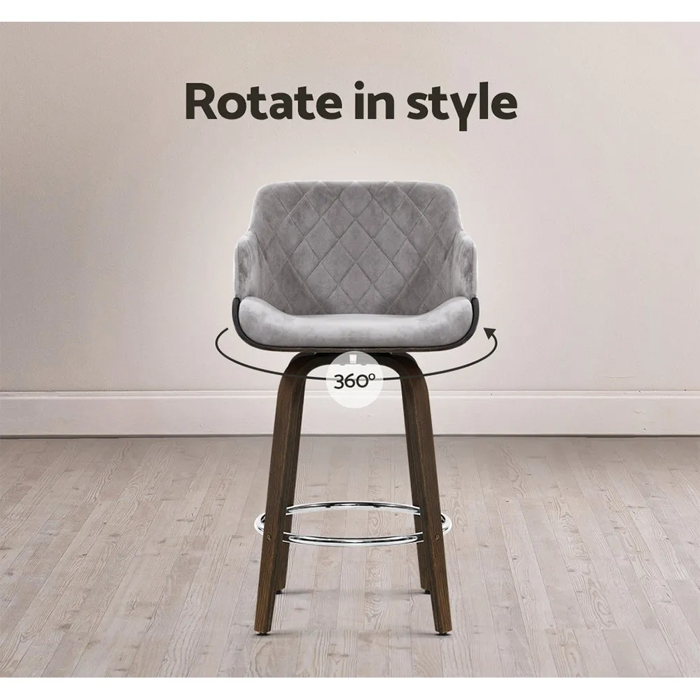 2x Kitchen Bar Stools | Wooden Swivel Chairs | Grey Velvet Fabric