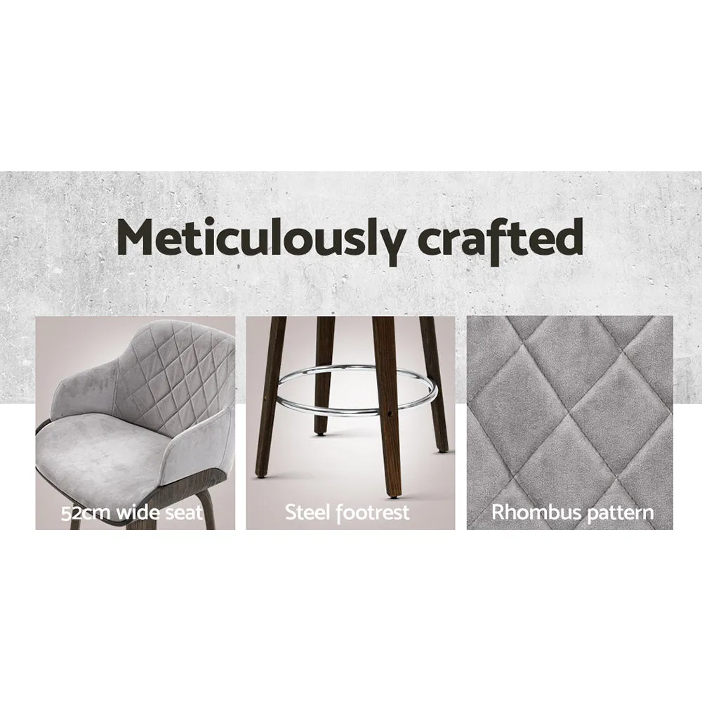 2x Kitchen Bar Stools | Wooden Swivel Chairs | Grey Velvet Fabric