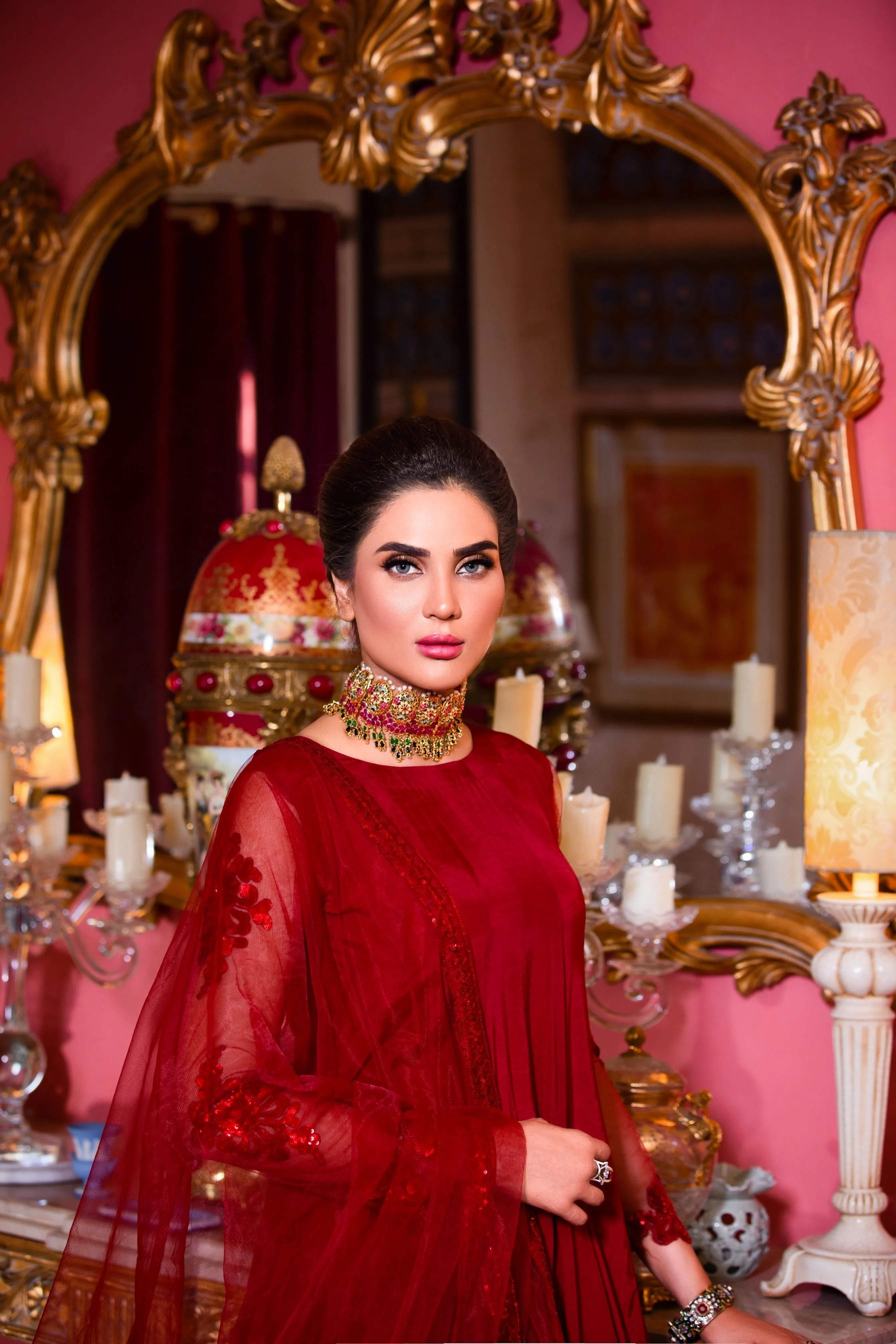 Dark Red Embroidered Cotton Silk Frock (Mahrukh)