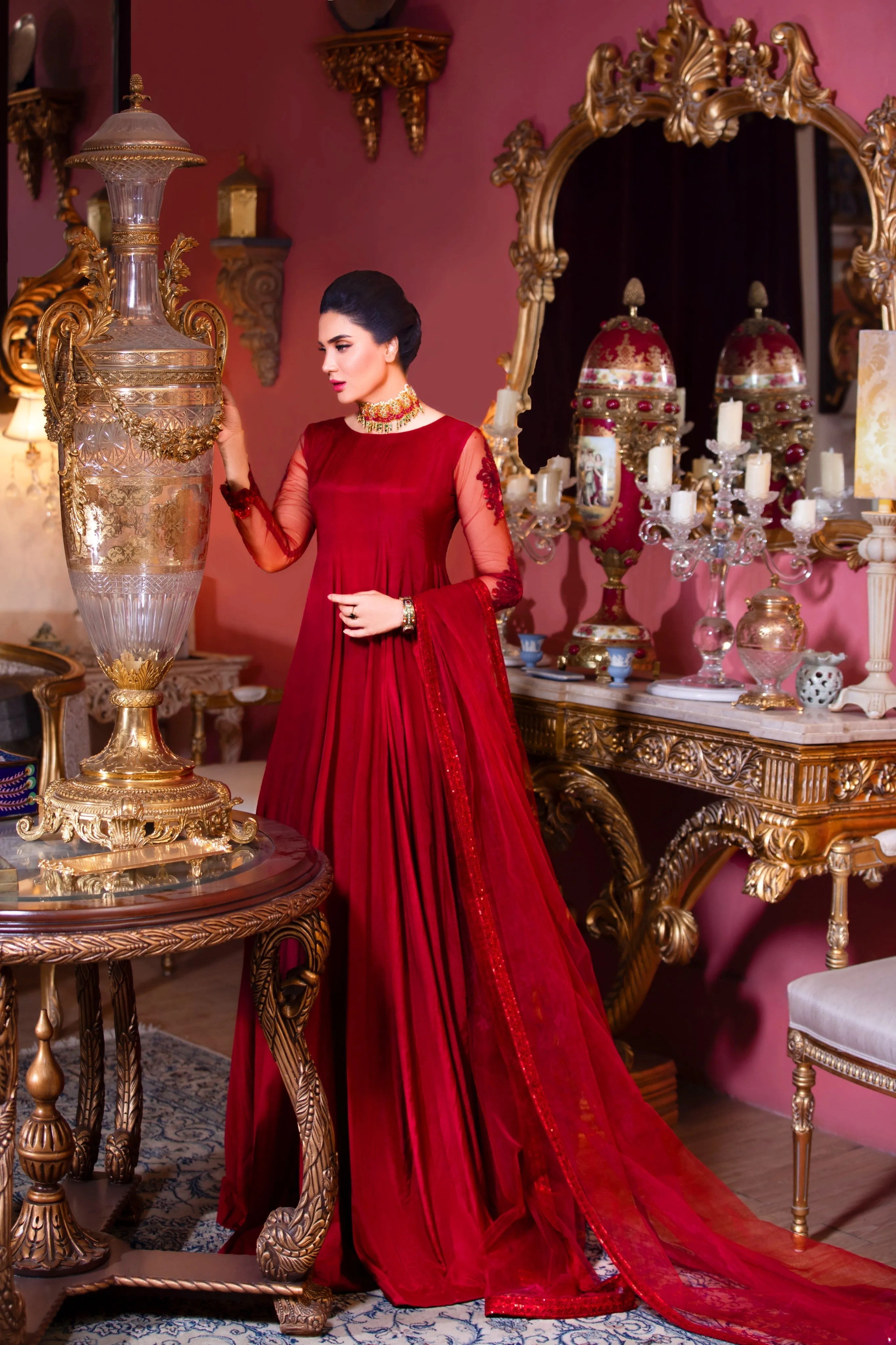 Dark Red Embroidered Cotton Silk Frock (Mahrukh)