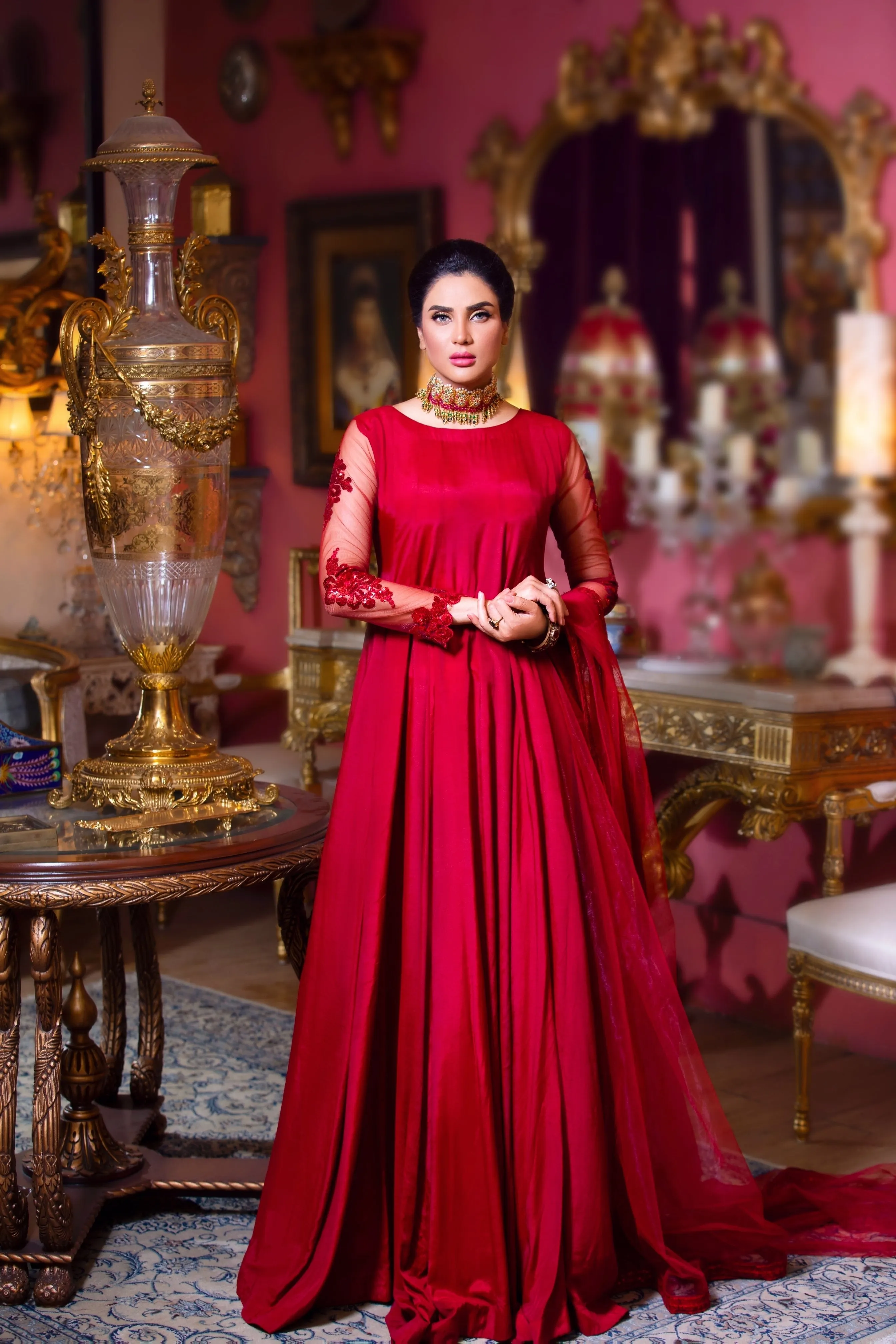 Dark Red Embroidered Cotton Silk Frock (Mahrukh)