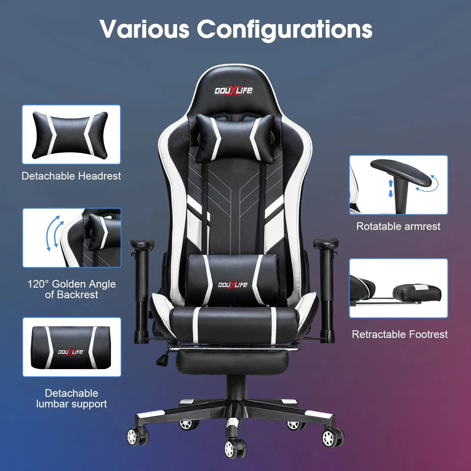 Douxlife Professional Full Body Massage Gaming Chair with Footrest, 175 Reclining, Ergonomic Racing High Back Home Office Computer Chair, Video Game Chair for Adluts Kids