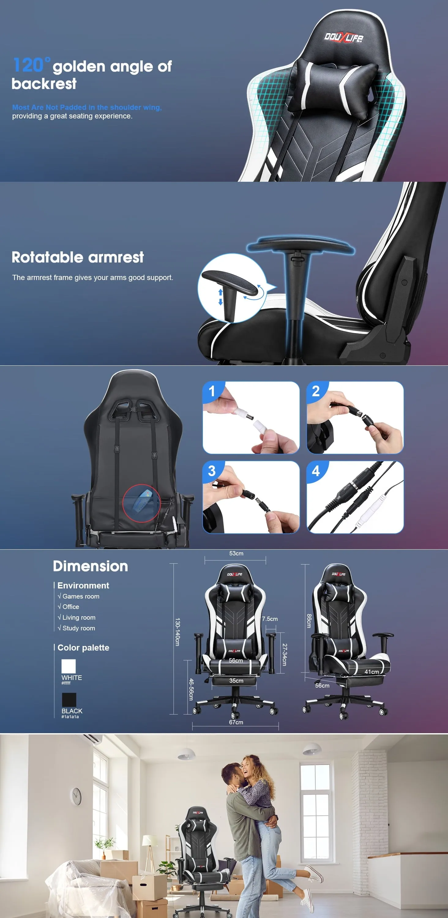 Douxlife Professional Full Body Massage Gaming Chair with Footrest, 175 Reclining, Ergonomic Racing High Back Home Office Computer Chair, Video Game Chair for Adluts Kids