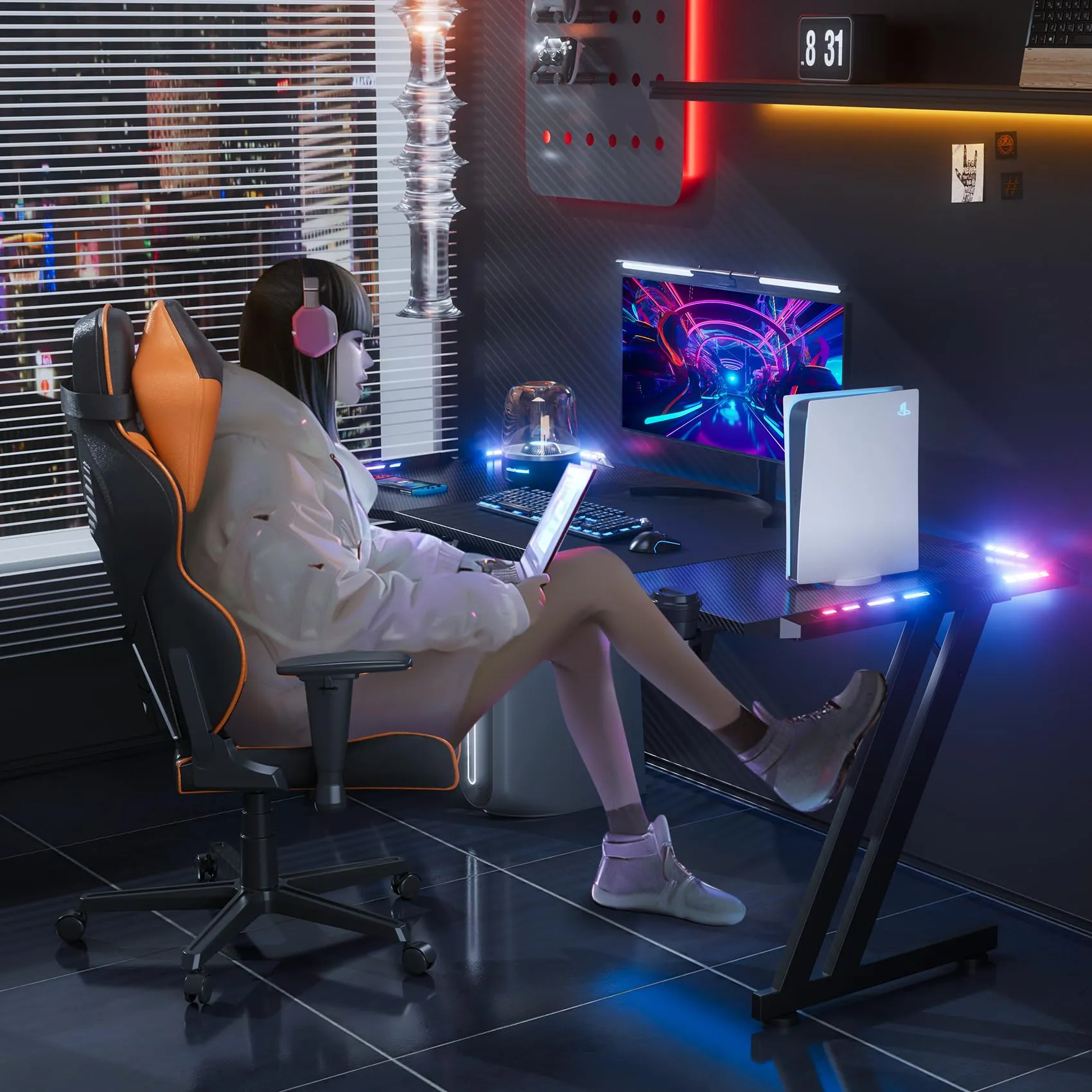 HLDIRECT 63 Inch Gaming Desk with LED Lights Carbon Fibre Surface Gaming Table Large Computer Desk Ergonomic Home Office Desks Z Shaped PC Gamer Workstations with Cup Holder & Headphone Hook Black