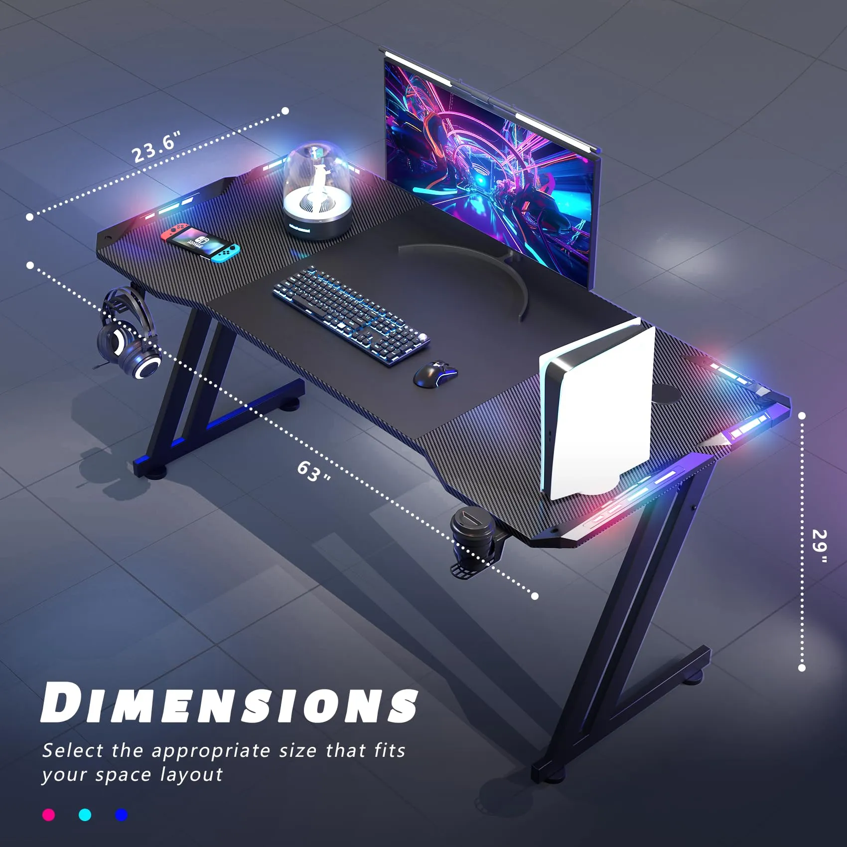 HLDIRECT 63 Inch Gaming Desk with LED Lights Carbon Fibre Surface Gaming Table Large Computer Desk Ergonomic Home Office Desks Z Shaped PC Gamer Workstations with Cup Holder & Headphone Hook Black