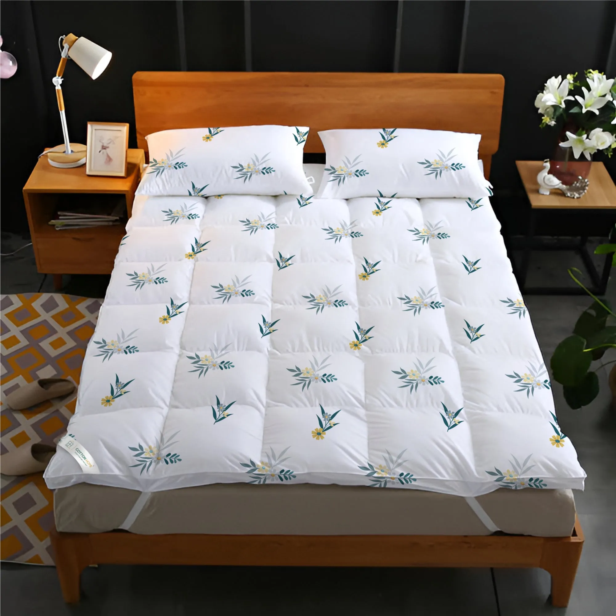 Mattress Topper with 2 Pillow Cover - Floral Design 100x200 8cm