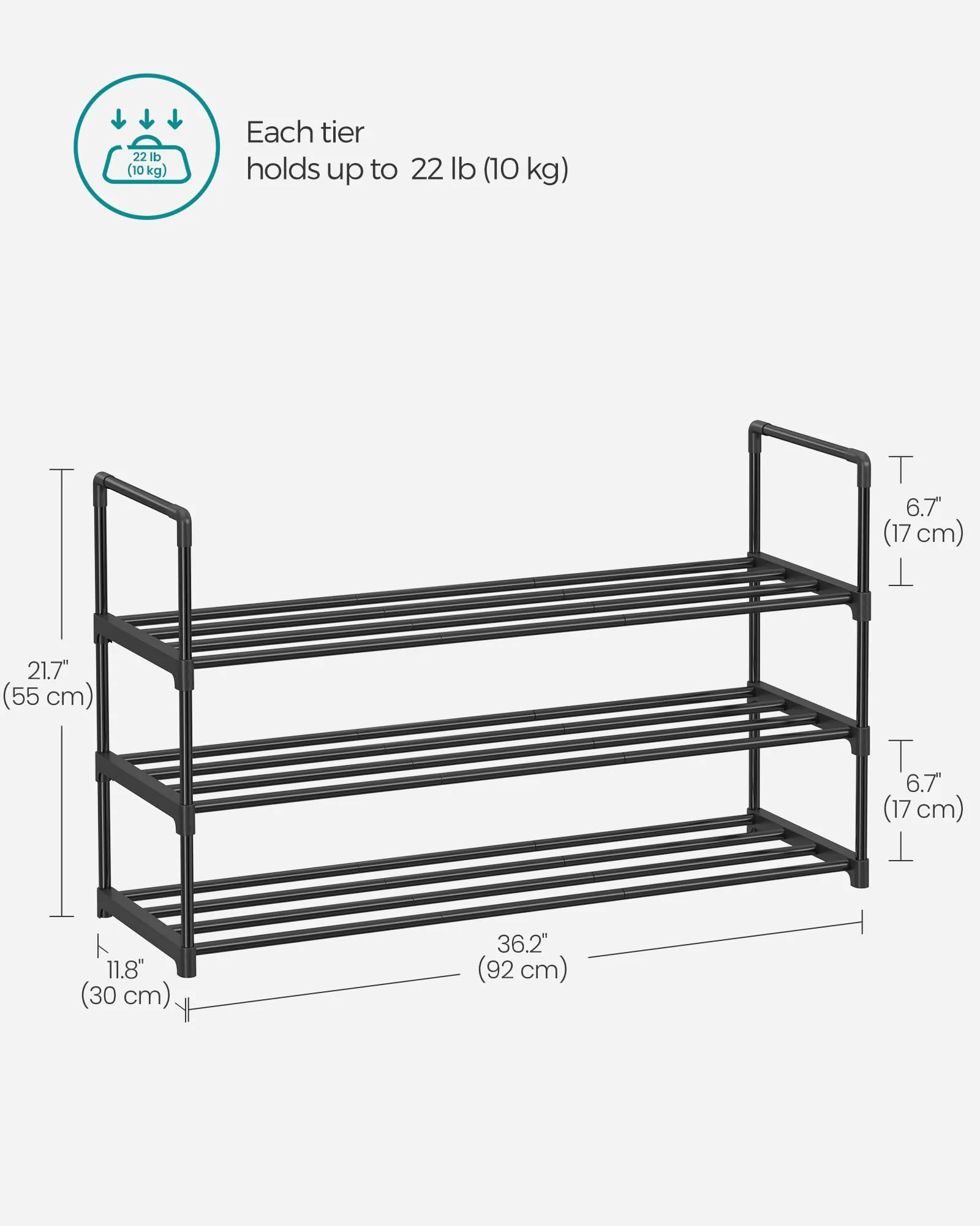 SONGMICS Shoe Rack, 3-Tier Shoe Organizer, Metal Storage Shelf, Upright or Upside Down, for 16-20 Pairs, Stackable, for Entryway, 11.8 x 36.2 x 21.7 Inches, Black ULSA303B02