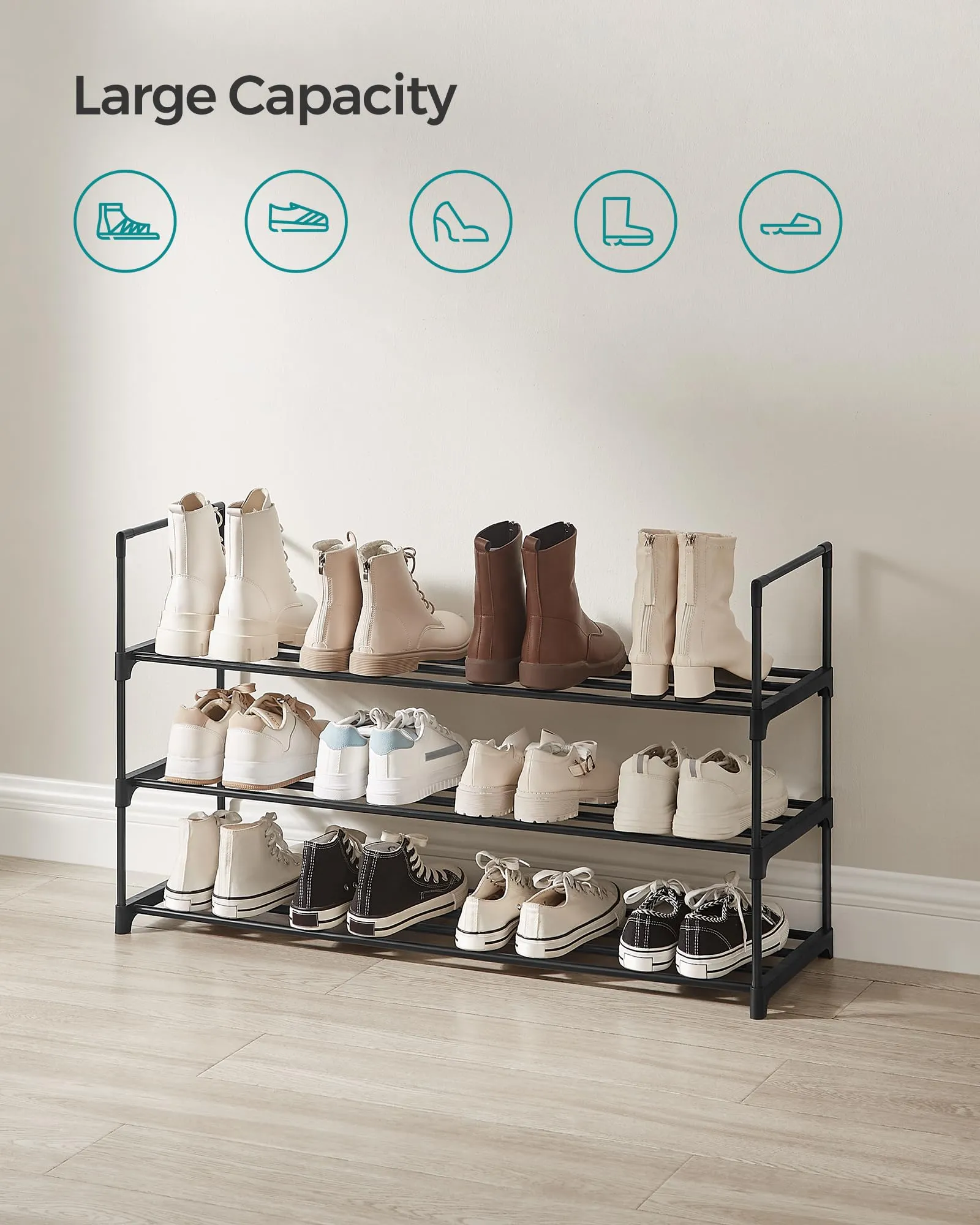 SONGMICS Shoe Rack, 3-Tier Shoe Organizer, Metal Storage Shelf, Upright or Upside Down, for 16-20 Pairs, Stackable, for Entryway, 11.8 x 36.2 x 21.7 Inches, Black ULSA303B02