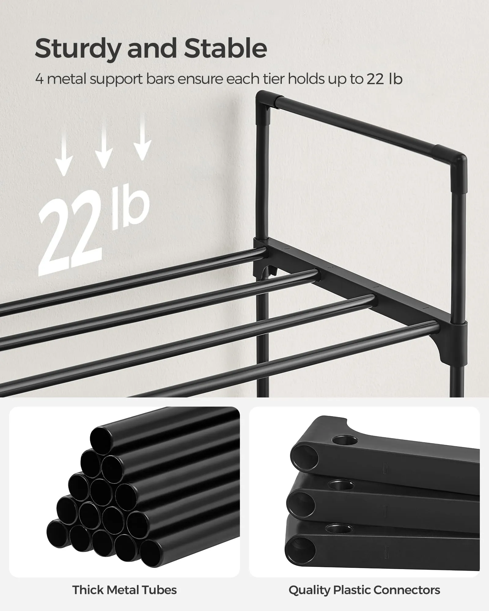 SONGMICS Shoe Rack, 3-Tier Shoe Organizer, Metal Storage Shelf, Upright or Upside Down, for 16-20 Pairs, Stackable, for Entryway, 11.8 x 36.2 x 21.7 Inches, Black ULSA303B02