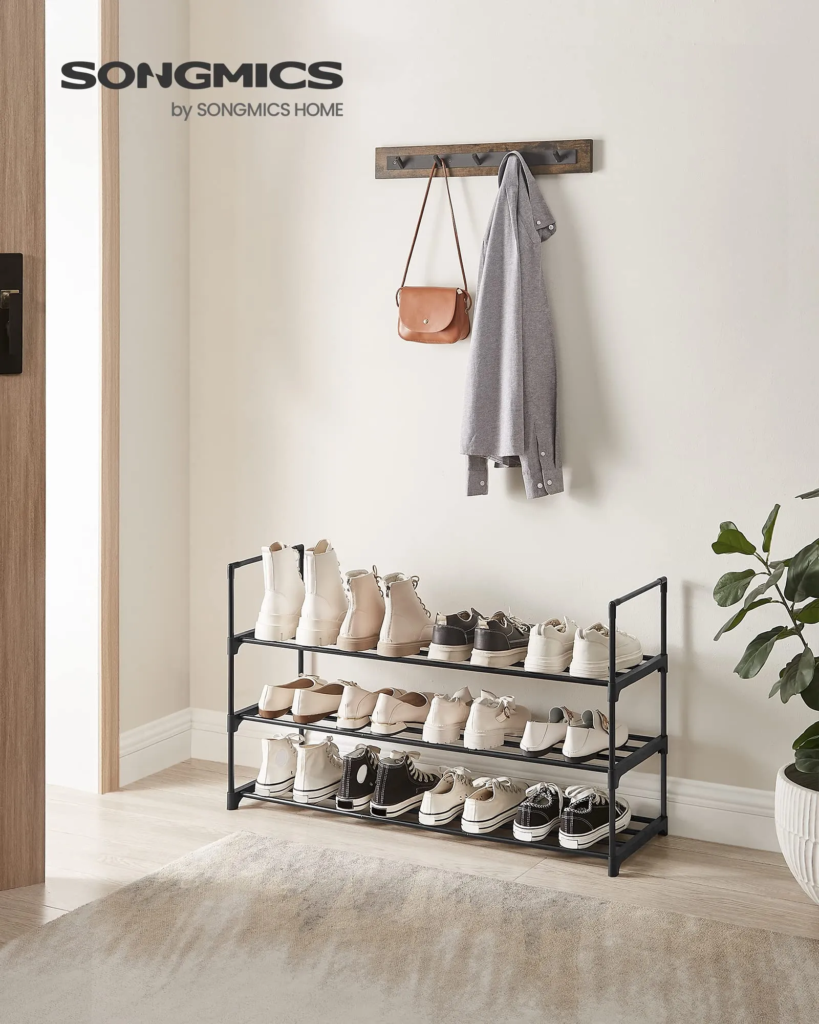 SONGMICS Shoe Rack, 3-Tier Shoe Organizer, Metal Storage Shelf, Upright or Upside Down, for 16-20 Pairs, Stackable, for Entryway, 11.8 x 36.2 x 21.7 Inches, Black ULSA303B02