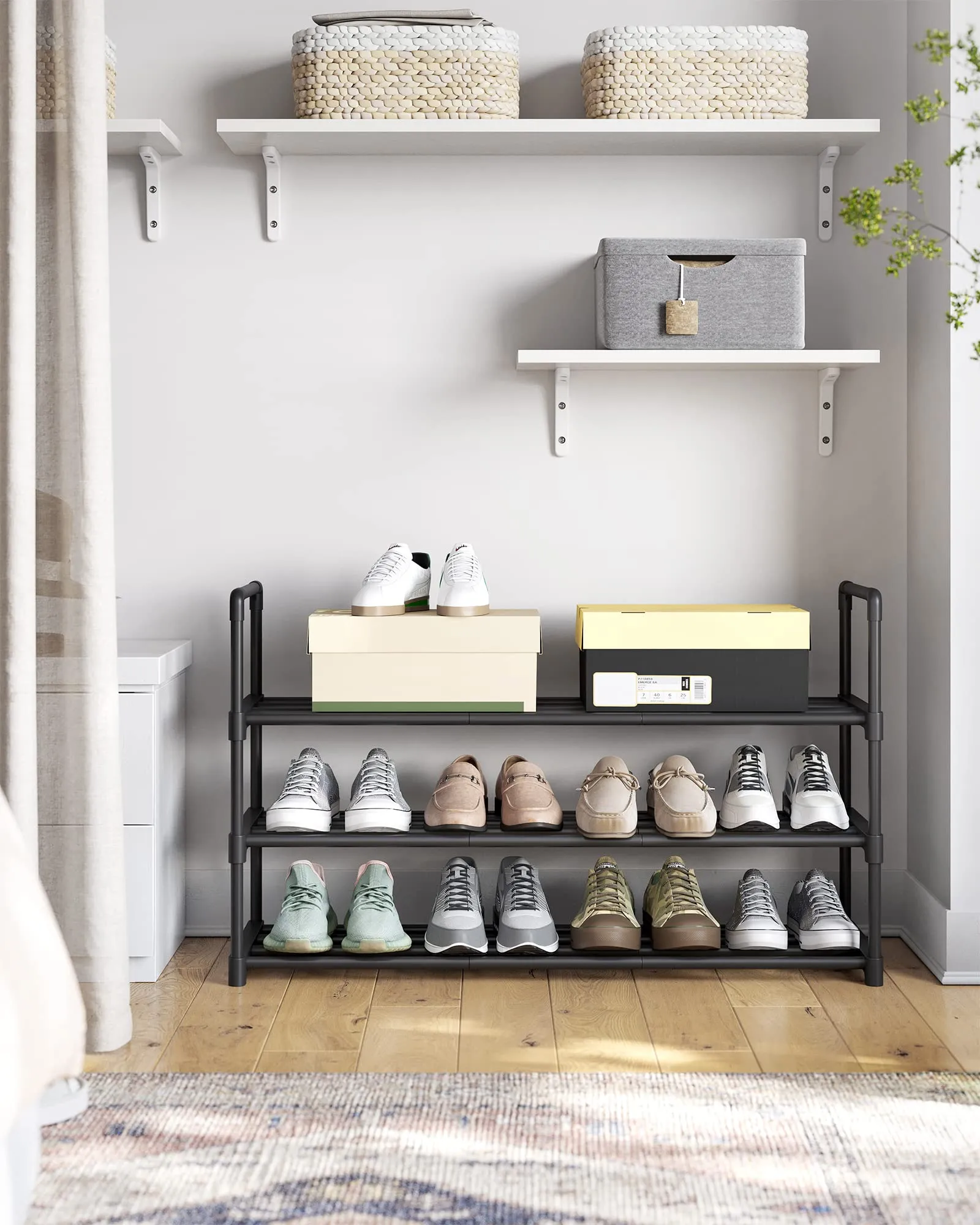 SONGMICS Shoe Rack, 3-Tier Shoe Organizer, Metal Storage Shelf, Upright or Upside Down, for 16-20 Pairs, Stackable, for Entryway, 11.8 x 36.2 x 21.7 Inches, Black ULSA303B02