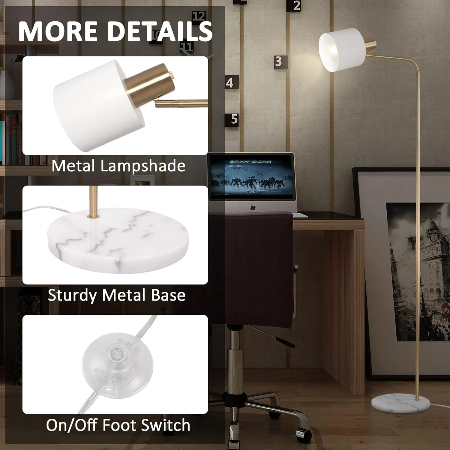 Standing Floor Lamps with 8W LED Bulb, Foot Switch & Adjustable Head,White