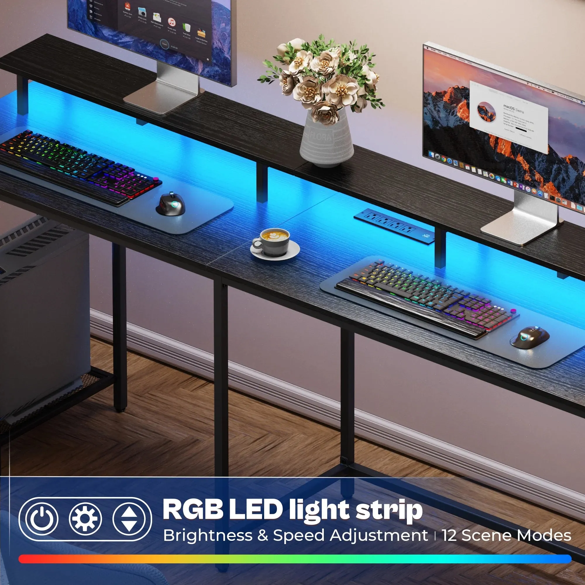 SUPERJARE L Shaped Desk with Outlets & USB Ports, Gaming Desk with LED Light Strip, Corner Computer Desk, L Office Desk, Monitor Stand, Hooks, and Storage Shelves, Black