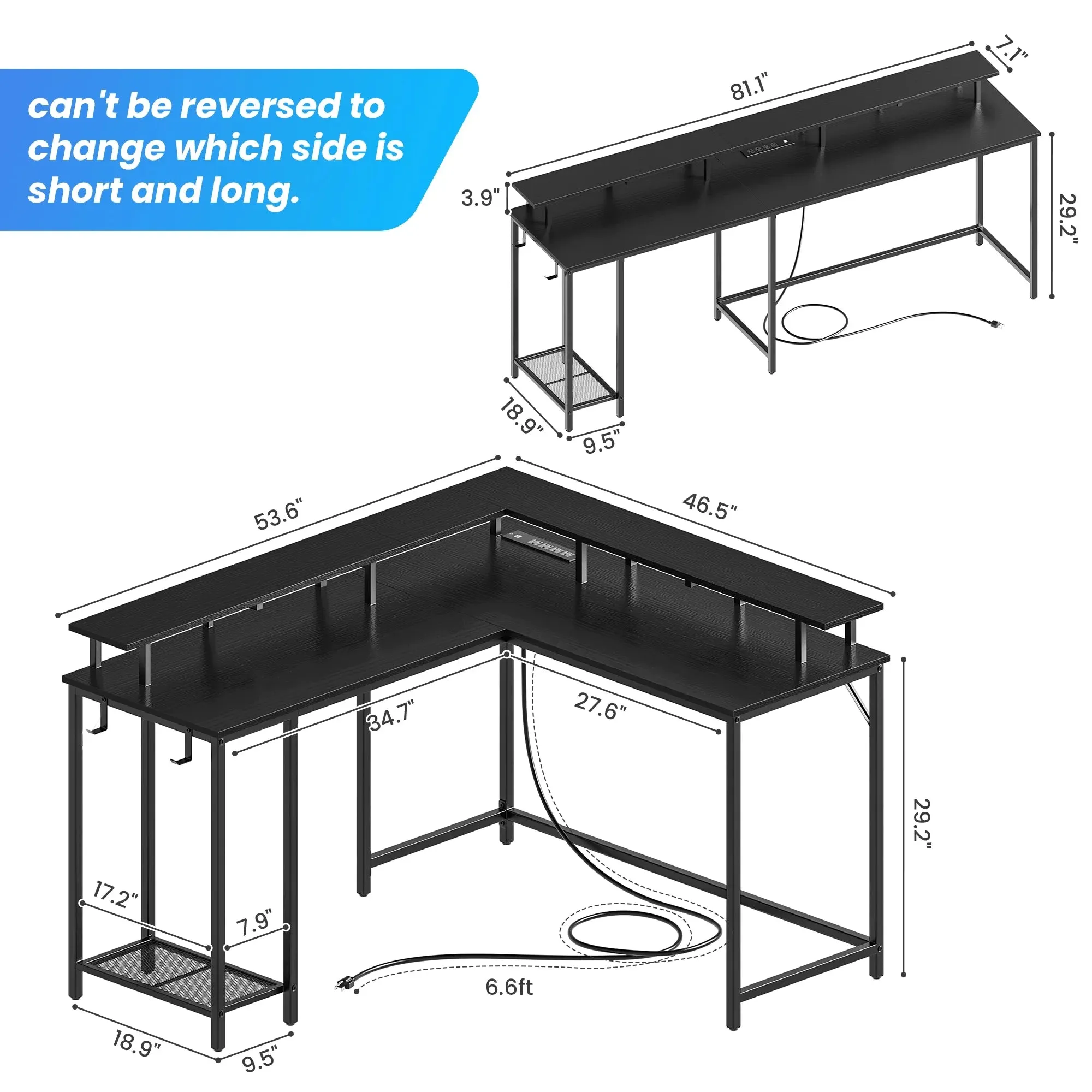 SUPERJARE L Shaped Desk with Outlets & USB Ports, Gaming Desk with LED Light Strip, Corner Computer Desk, L Office Desk, Monitor Stand, Hooks, and Storage Shelves, Black