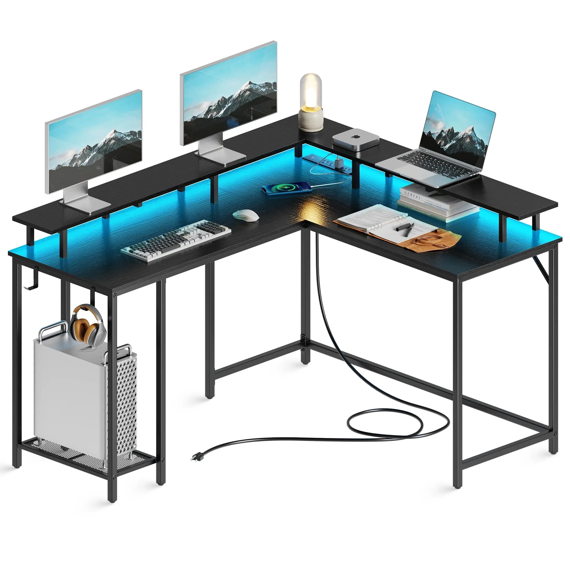 SUPERJARE L Shaped Desk with Outlets & USB Ports, Gaming Desk with LED Light Strip, Corner Computer Desk, L Office Desk, Monitor Stand, Hooks, and Storage Shelves, Black