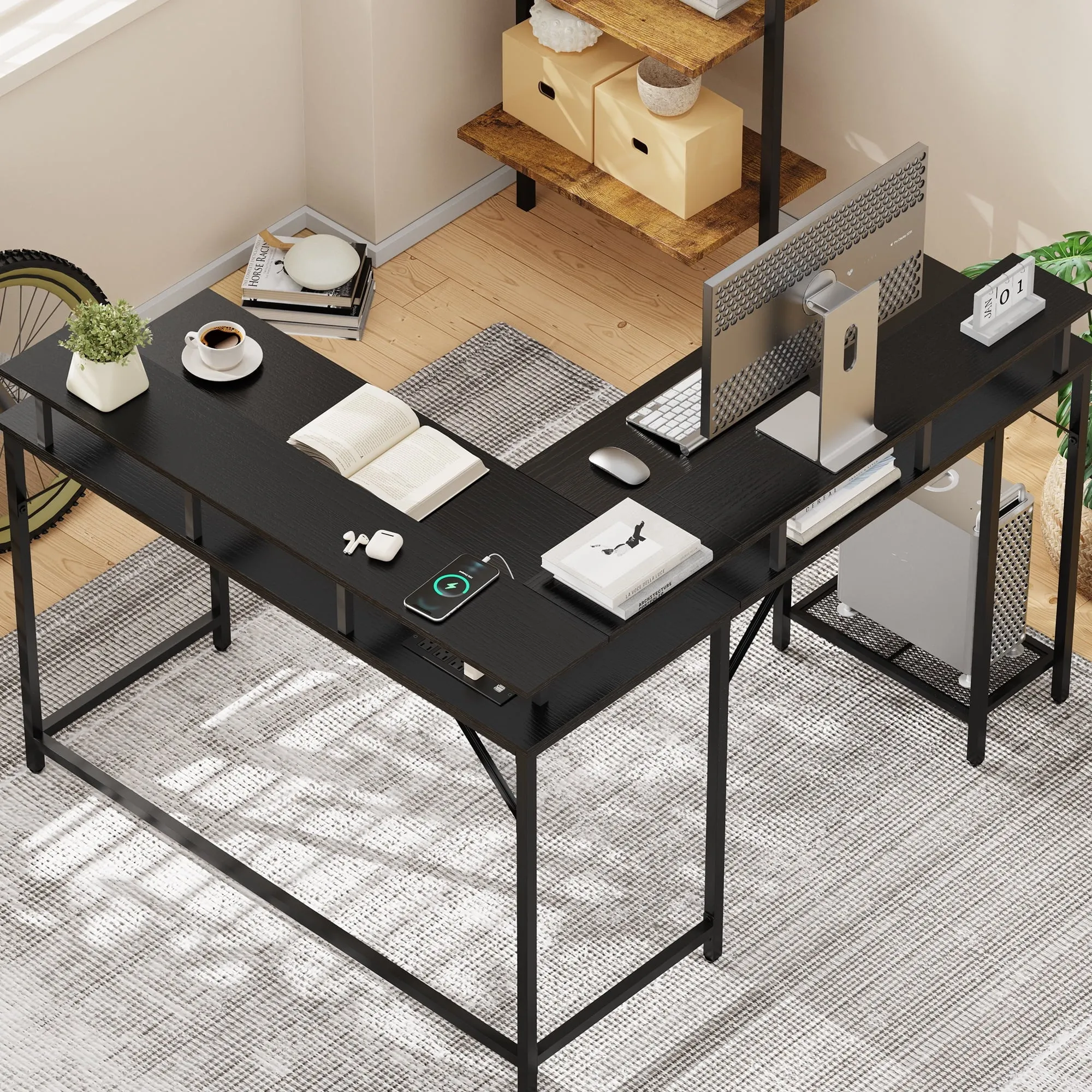 SUPERJARE L Shaped Desk with Outlets & USB Ports, Gaming Desk with LED Light Strip, Corner Computer Desk, L Office Desk, Monitor Stand, Hooks, and Storage Shelves, Black