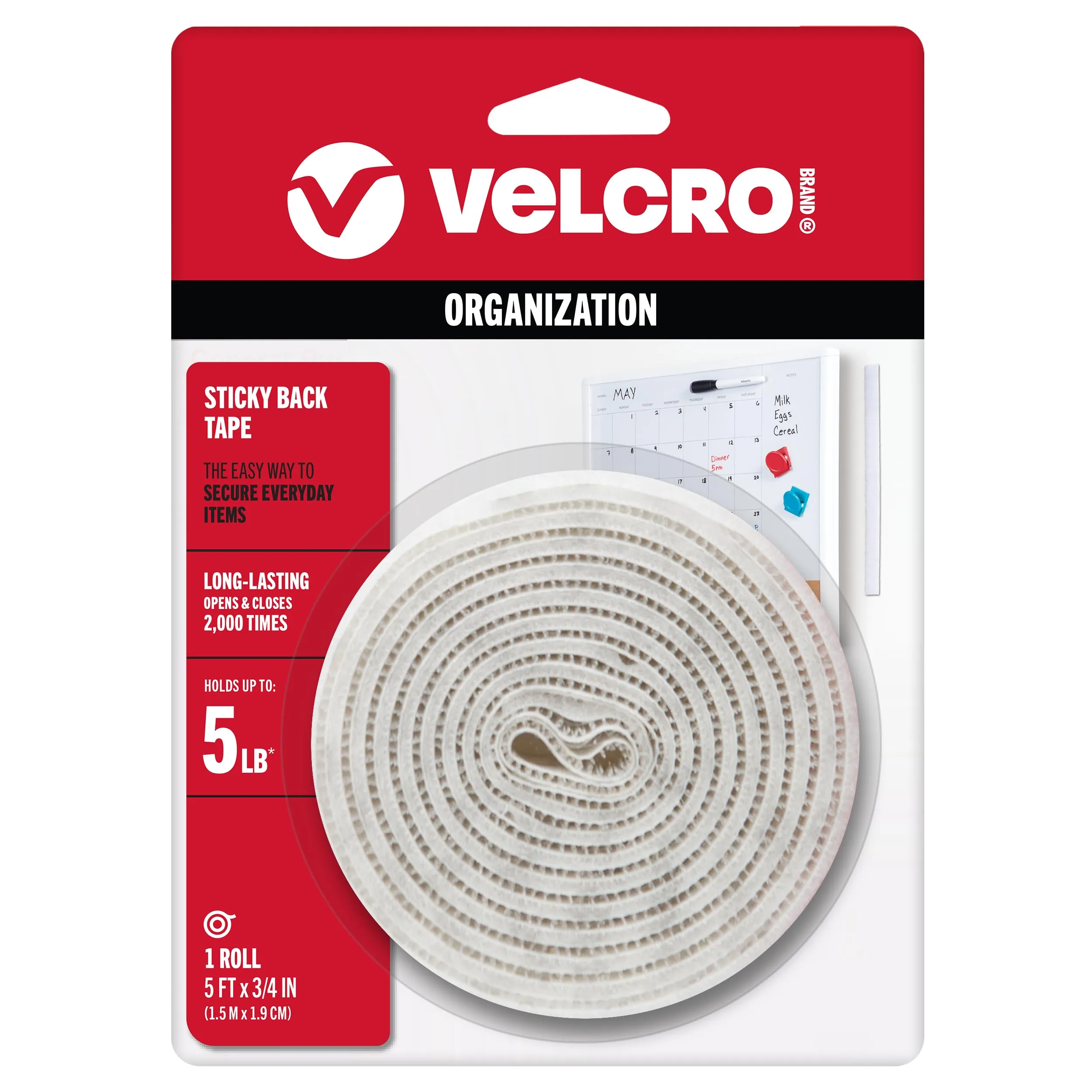 VELCRO Brand 5 Ft x 3/4 In | White Tape Roll with Adhesive | Cut Strips to Length | Sticky Back Hook and Loop Fasteners | Perfect for Home, Office or Classroom
